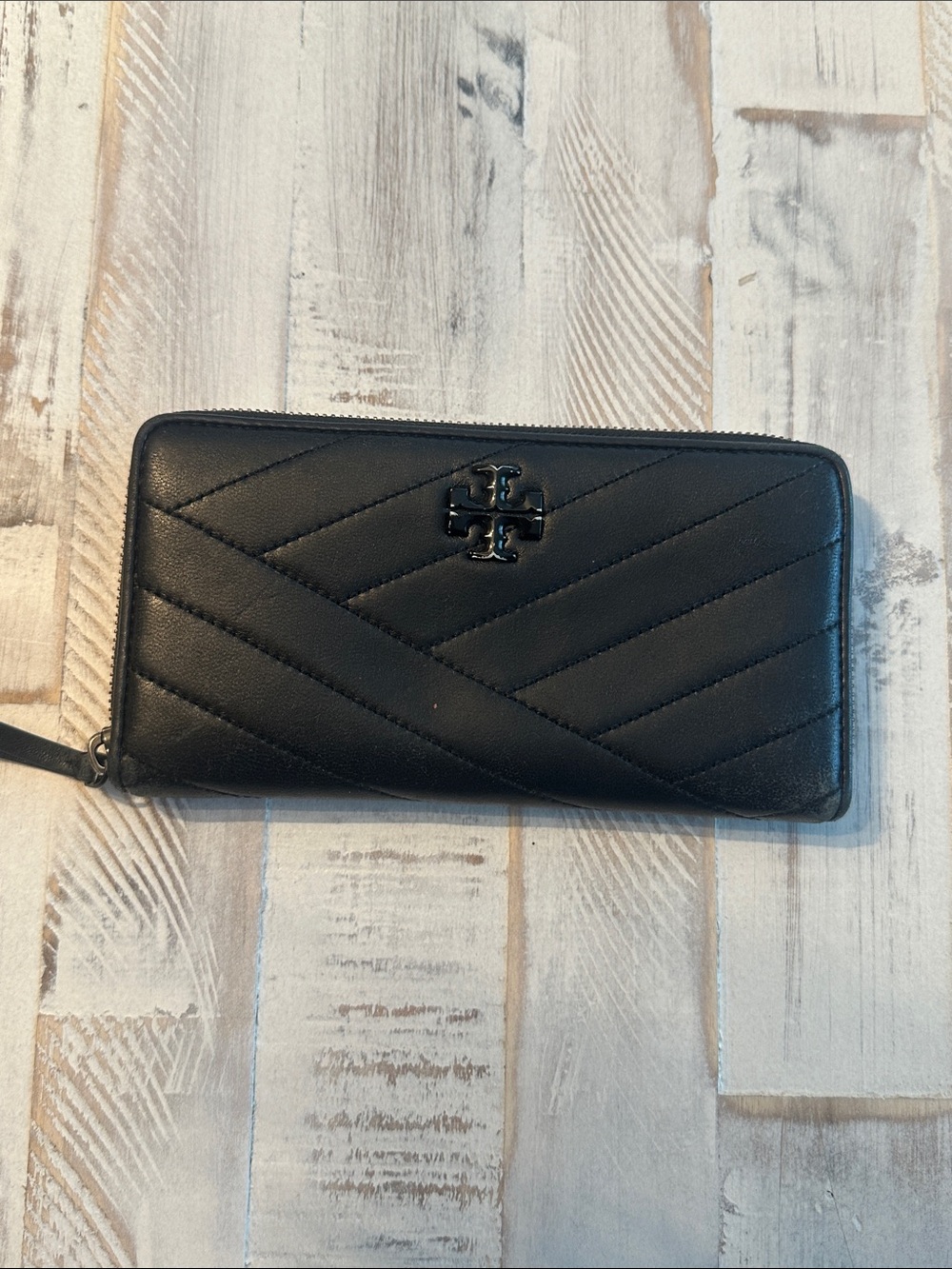 Tory Burch Black Quilted Zip Wallet with Logo